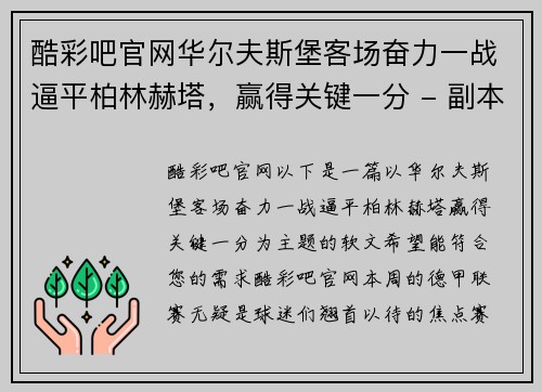 酷彩吧官网华尔夫斯堡客场奋力一战逼平柏林赫塔，赢得关键一分 - 副本
