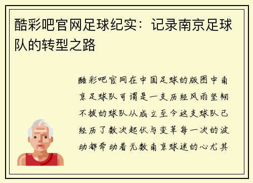 酷彩吧官网足球纪实：记录南京足球队的转型之路